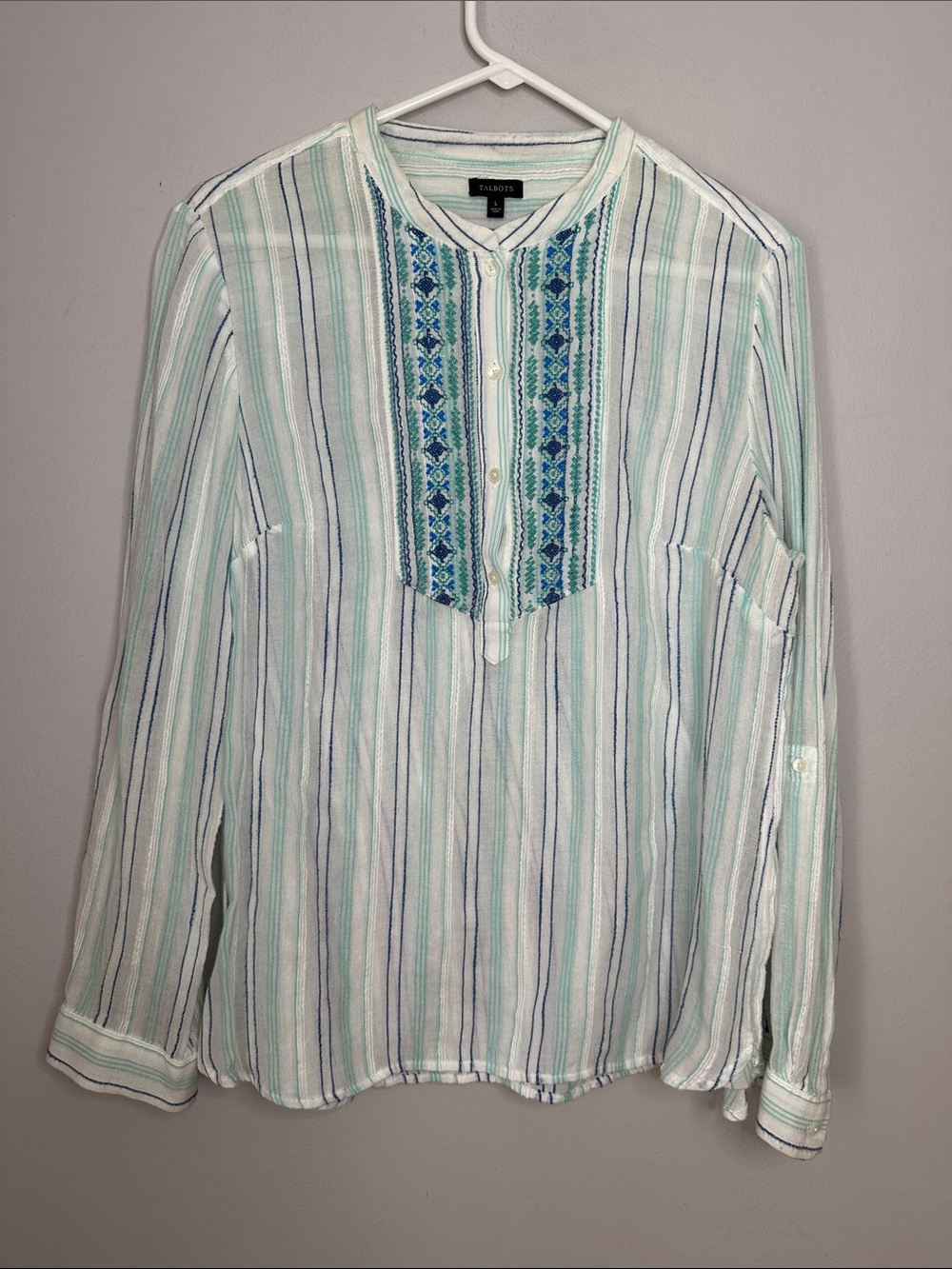 Talbots Mint and Navy Striped Embroidered Henley Blouse size L